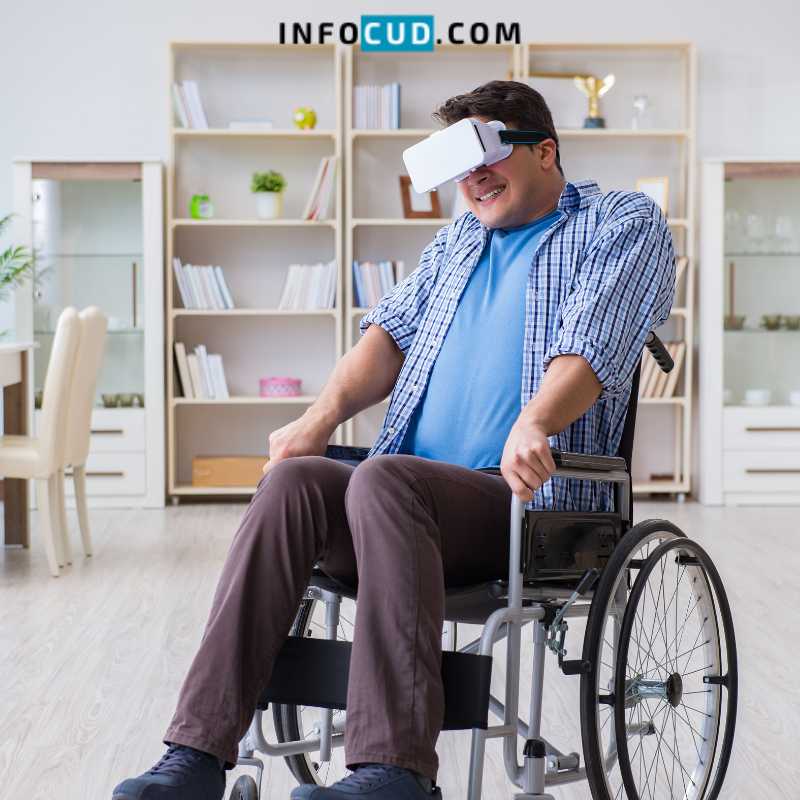 Persona con discapacidad motriz utilizando realidad virtual para rehabilitarse. 