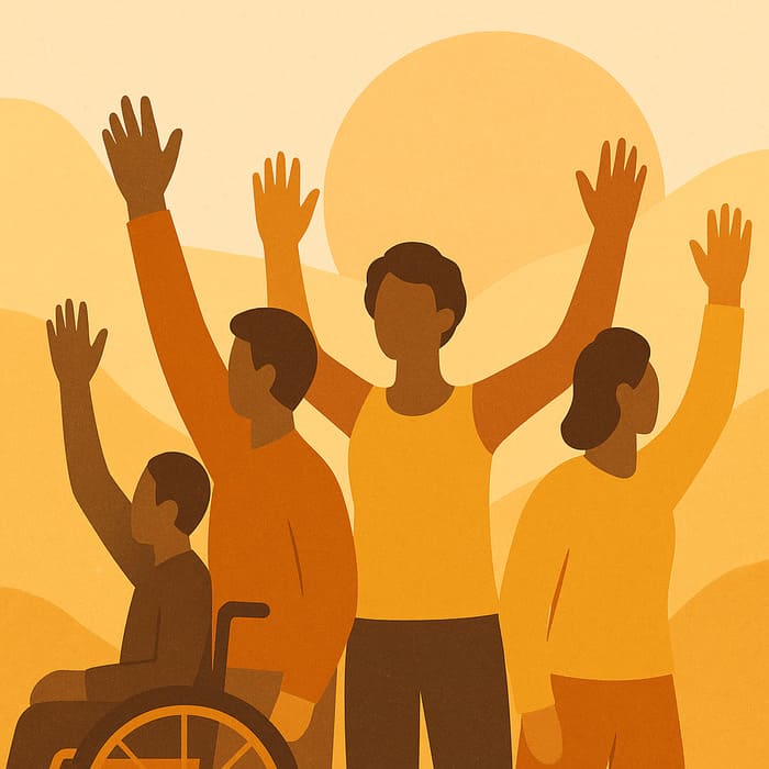Ilustración de personas alzando las manos en solidaridad por los derechos de las personas con discapacidad, con colores cálidos y tono esperanzador