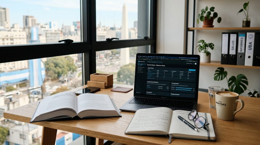 Mesa de trabajo de la redacción de InfoCUD con libros de normativa de salud y seguimiento normativo en Buenos Aires
